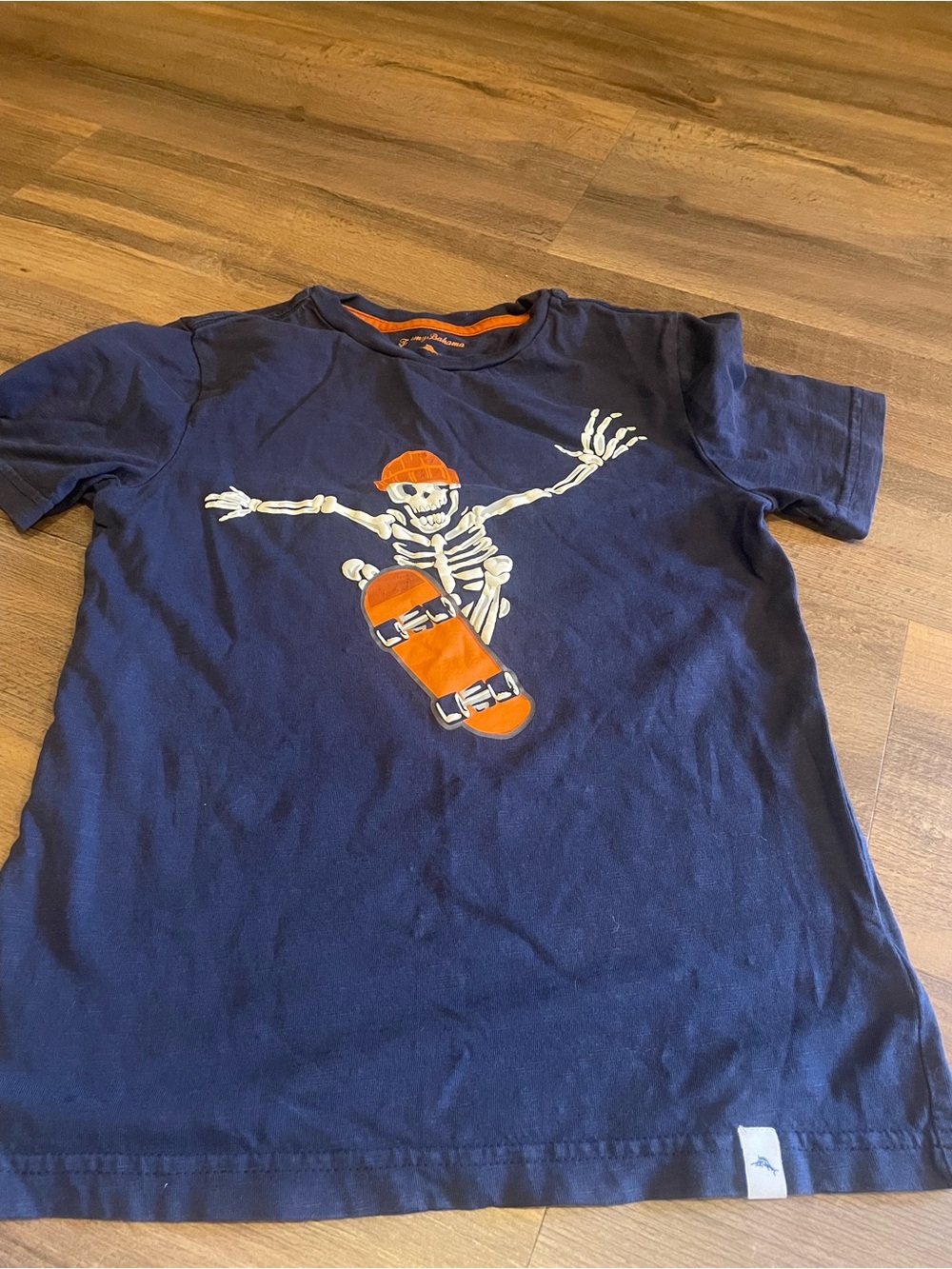 Tommy Bahama Navy Tee with Orange Skateboard Skeleton